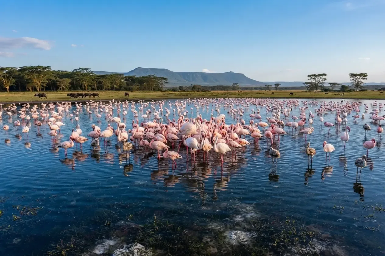 Flamingos wading in a shallow lake with buffalo grazing on the shore