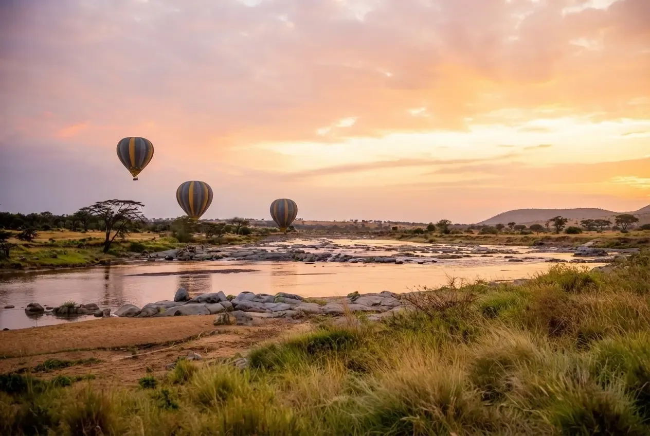 Three hot-air balloons over a river at sunrise