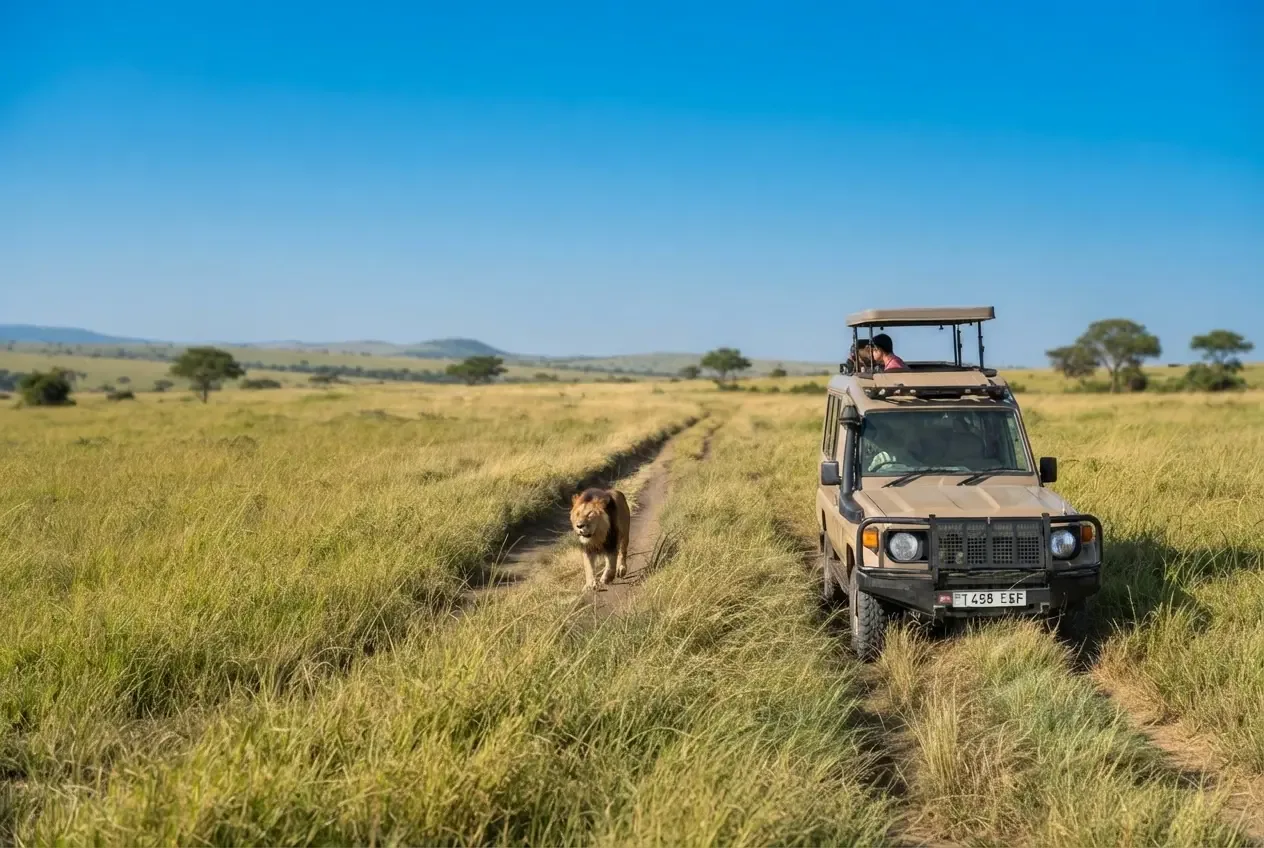 Safari 4x4 with a pop-up roof on a grassland track as a male lion walks past