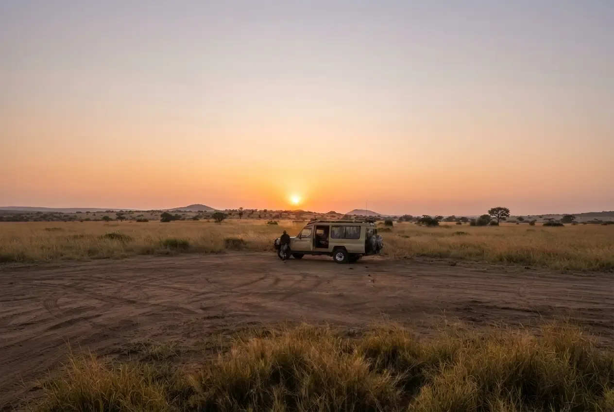 Safari vehicle parked on the plains at sunset
