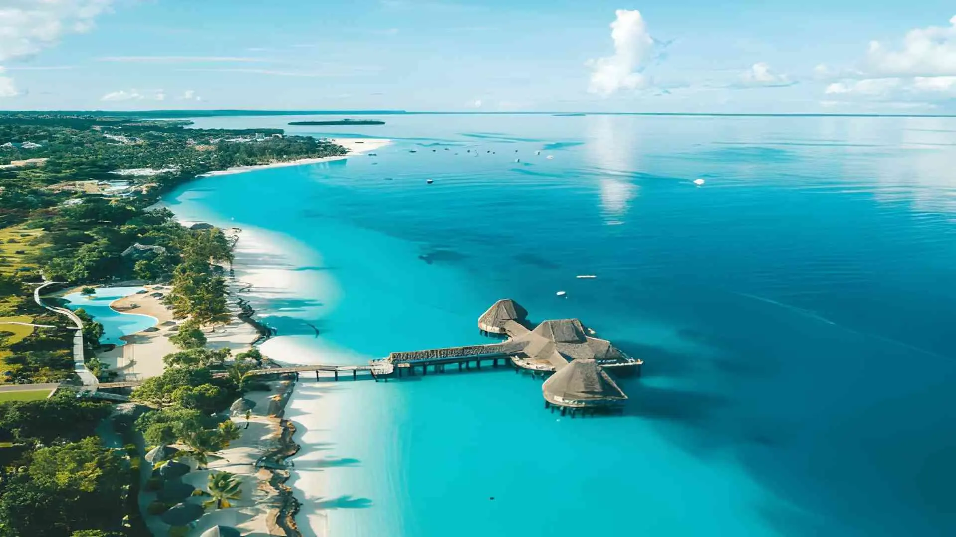Aerial view of the Zanzibar coastline with turquoise shallows
